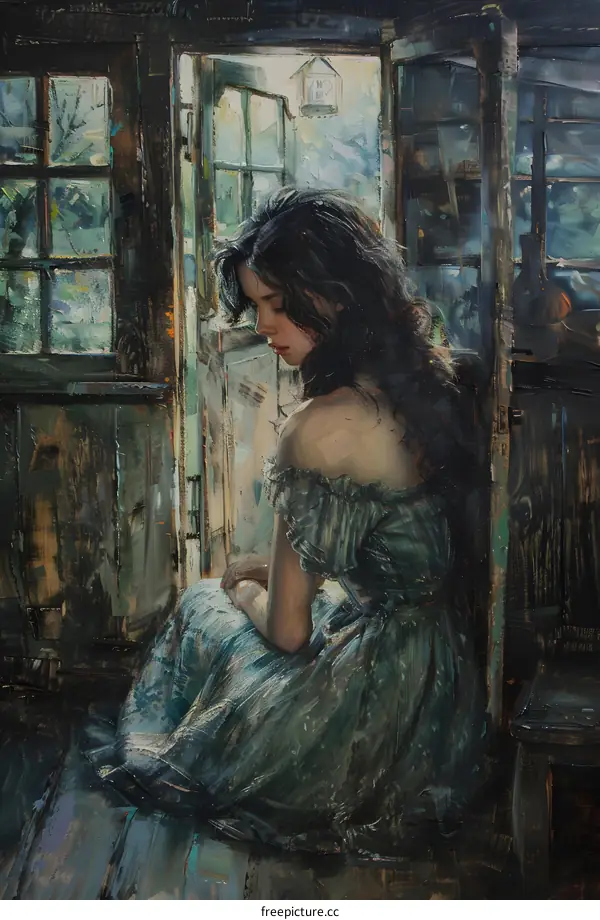 An oil painting of a beautiful lady sitting on a chair in front of the door
