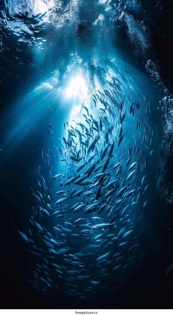 Underwater photography of a school of sardines in a cave