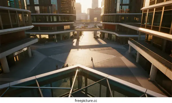 Modern urban architecture with glass atrium and geometric design