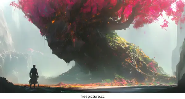 Fantasy Landscape With Man And Giant Tree