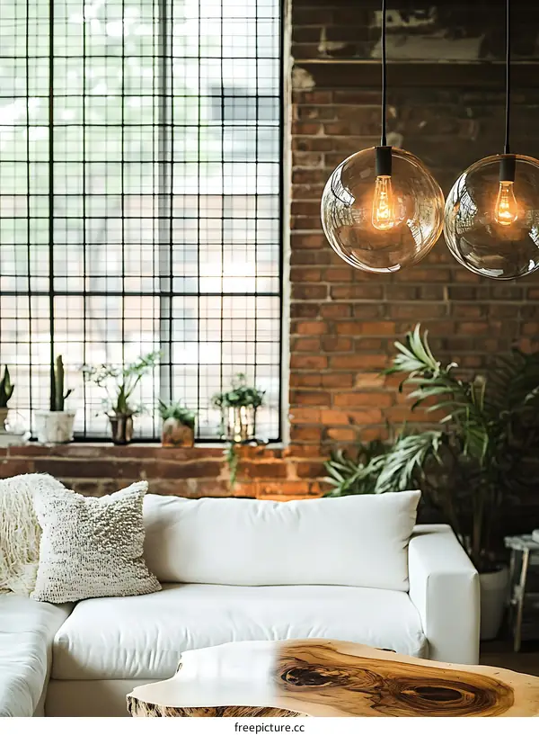 Modern Industrial Living Room with pendant lamps
