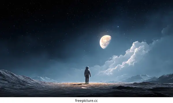 Astronaut Standing on Alien Planet at Night