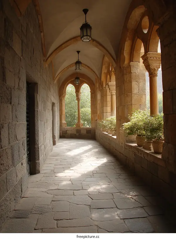 Ancient Stone Corridor with Sunlight