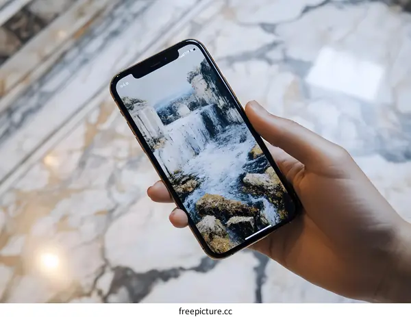 Hand Holding Smartphone with Waterfall Wallpaper