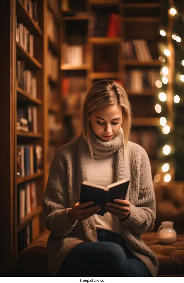 Young woman reading a book in a library