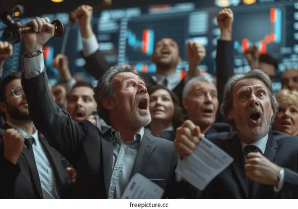 Ecstatic stock traders celebrating a successful IPO on the stock exchange floor