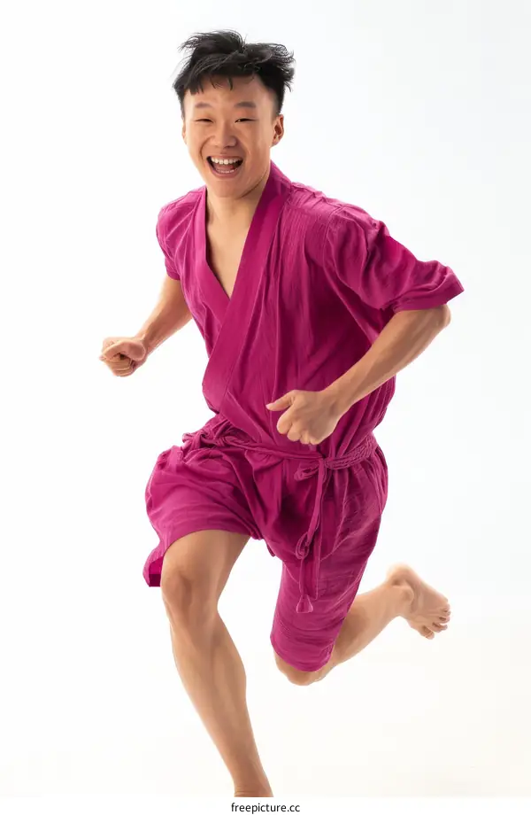 A man in a pink bathrobe is running