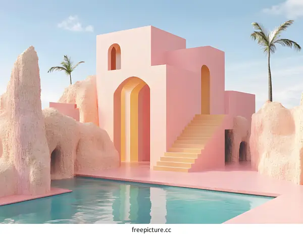 Minimalist Pink Architecture with Pool and Palm Trees
