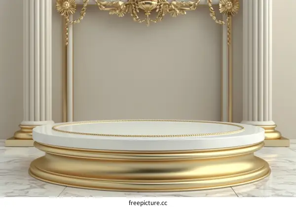3D rendering of a luxury empty golden podium with intricate details