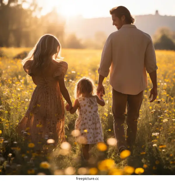 Family of three walking in a field of flowers