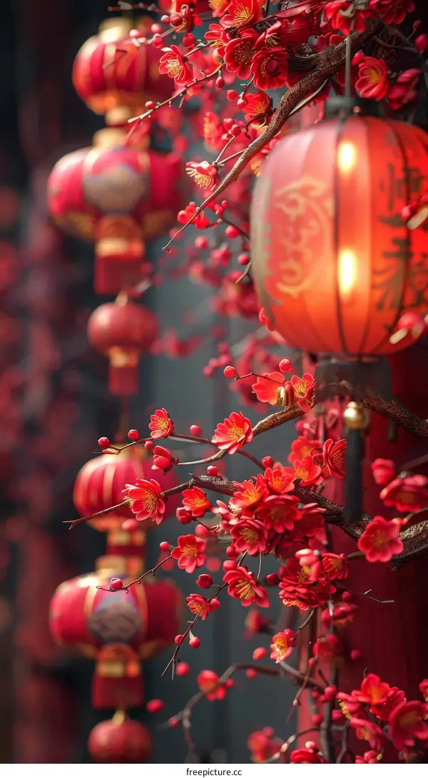 Auspicious Red Lanterns and Peach Blossoms
