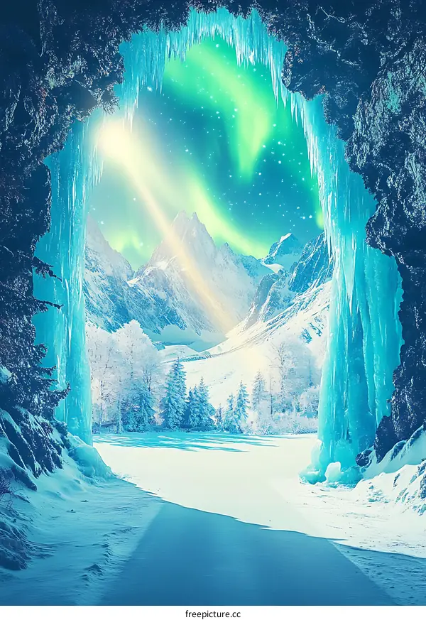 Snowy Mountains With Frozen Waterfall And Aurora Borealis