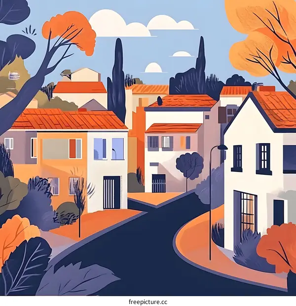 Illustrated Colorful Houses in a Suburban Neighborhood