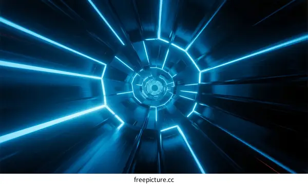 Futuristic Blue Light Tunnel with Abstract Geometric Pattern