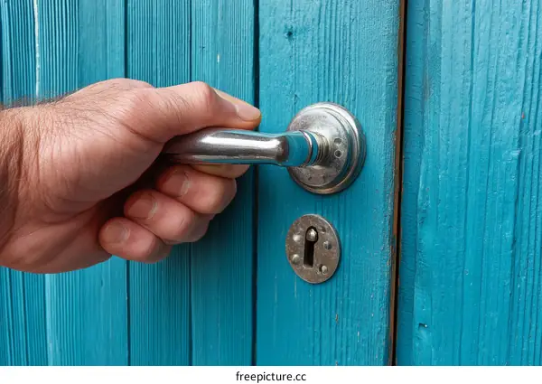 A Hand Opening a Teal Wooden Door