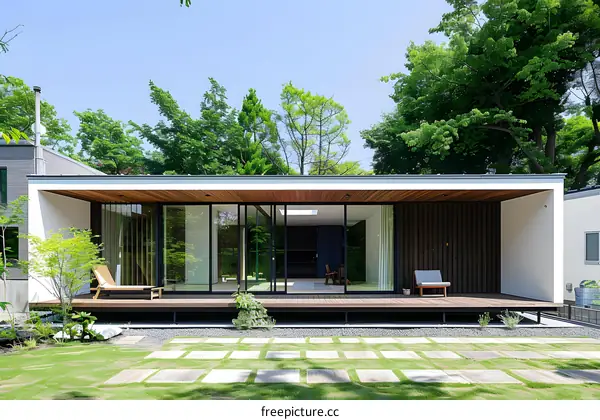 Modern Minimalist Home With Large Glass Windows And Wooden Deck