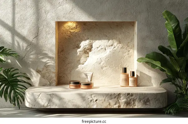 Beige Cosmetic Display Niche with Plants