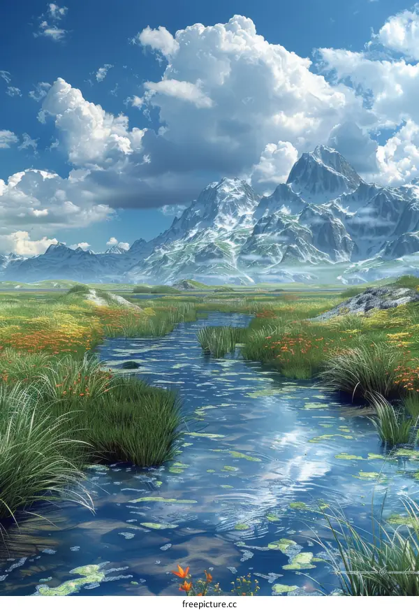 Magical Mountain River Landscape with Flowers