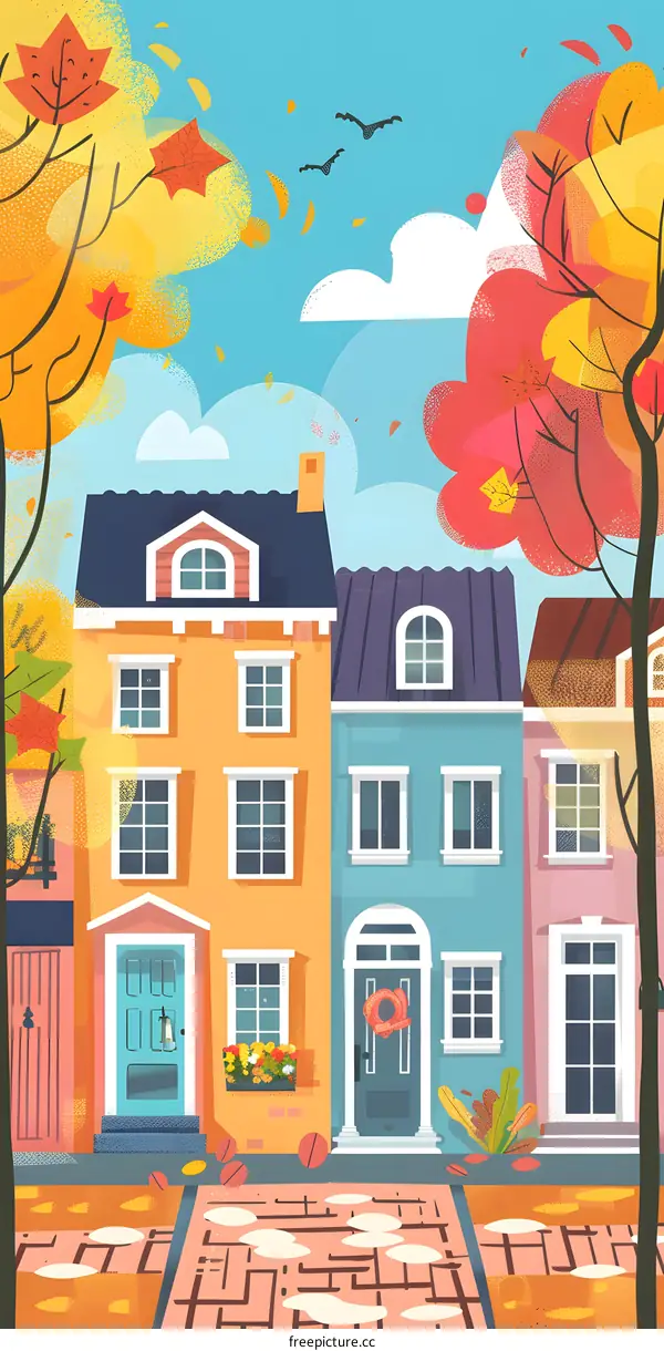 Autumn Street with Colorful Houses and Falling Leaves