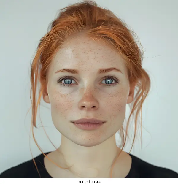 Portrait of a Woman with Red Hair and Freckles