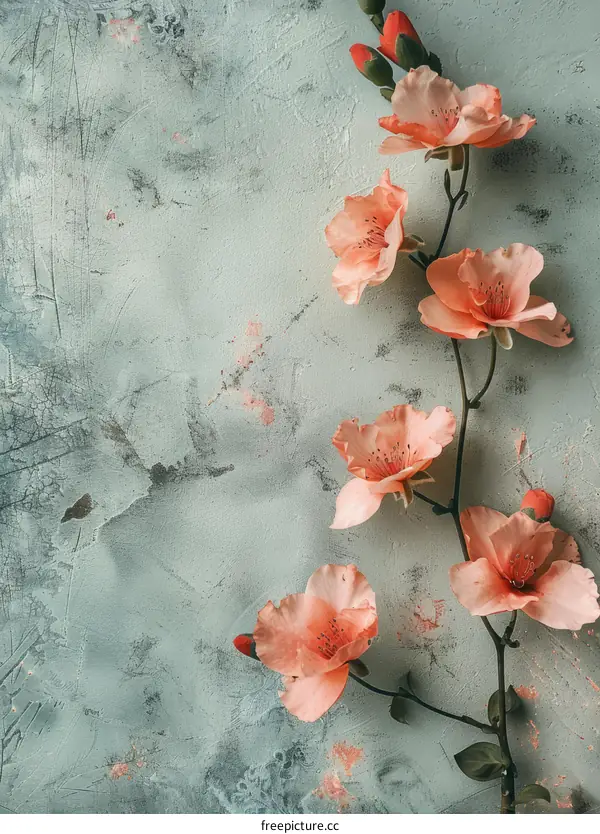 Peach Blossom Branch on Textured Green Background