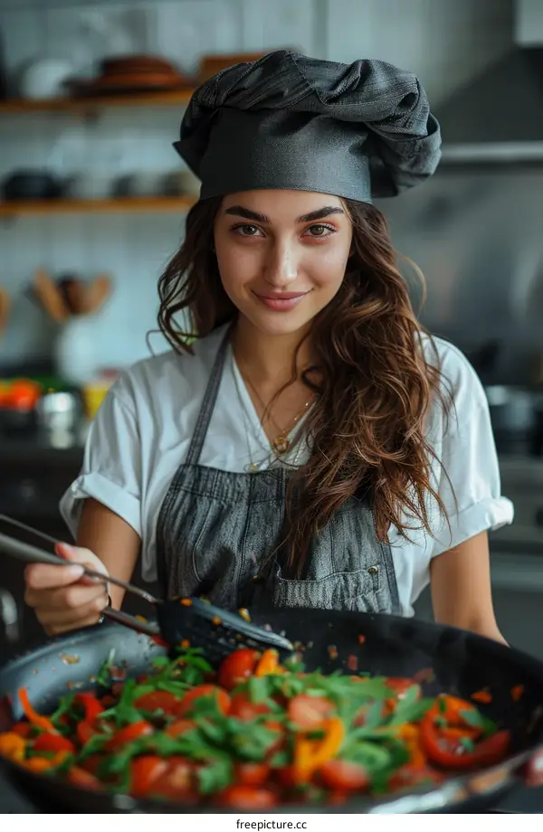 Happy Young Woman Chef Cooking in a Bright Kitchen