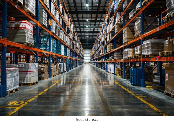 Spacious Warehouse Interior with Tall Shelves Full of Boxes