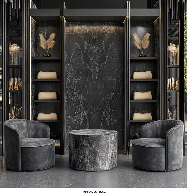 Modern Interior Design with Black Marble and Grey Armchairs
