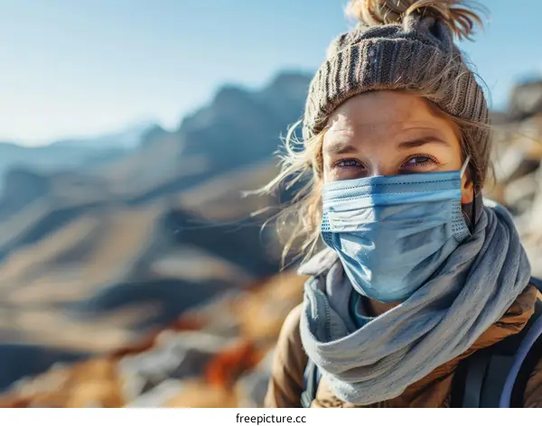Young woman wearing a surgical mask in the mountains