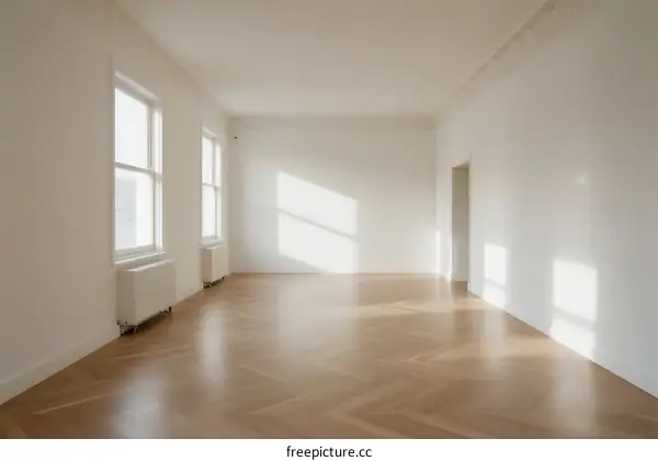 Empty room with white walls and wooden parquet floor