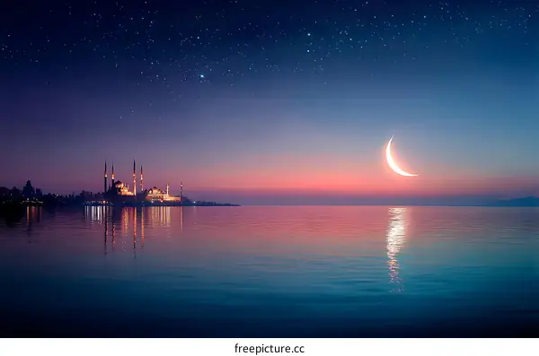 Night view of a mosque on the water with a crescent moon