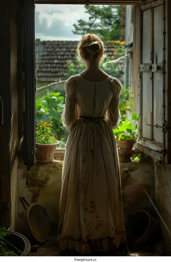 A woman in a white dress is standing in front of a window.