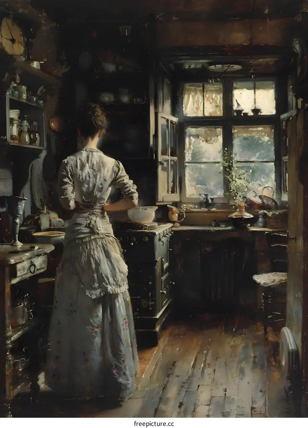 A woman is cooking in a kitchen