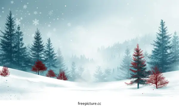 Snowy forest landscape with red and green trees
