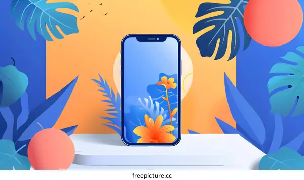 Phone Mockup With Tropical Leaves And Flowers Background