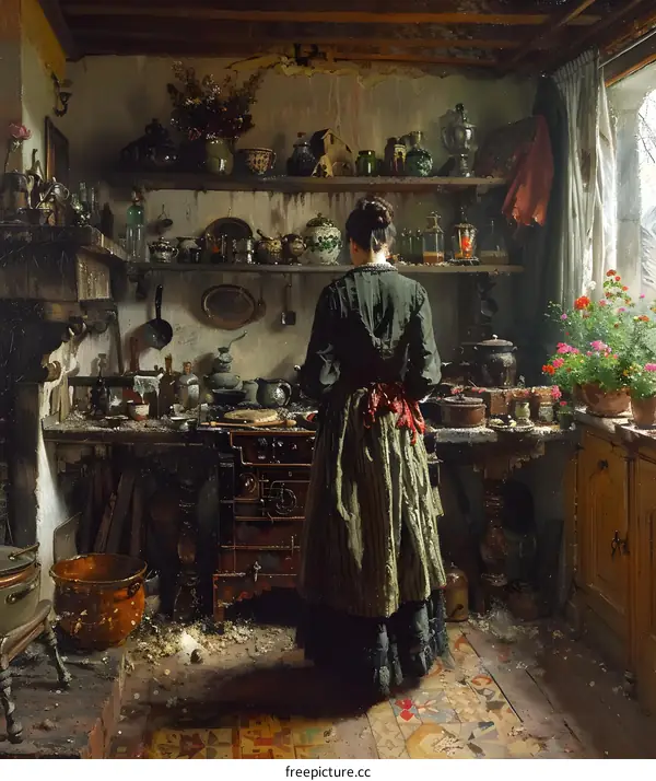 A 19th Century European Peasant Woman Cooking in a Kitchen