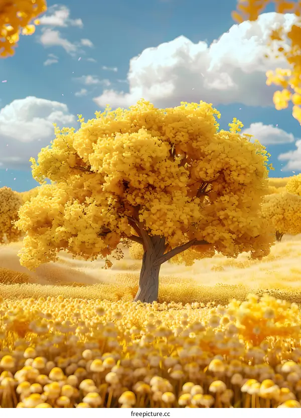 Golden Tree in a Field of Flowers