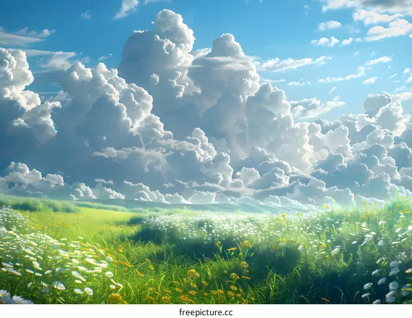 A field of flowers with a blue sky and white clouds