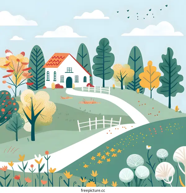 Cartoon Illustration of a Cottage in the Woods with a Winding Path