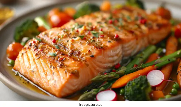 Grilled salmon with asparagus, carrots, cherry tomatoes and broccoli