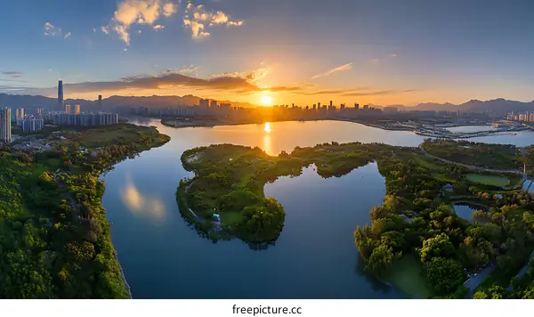 Sunrise Over City Park Landscape Panorama