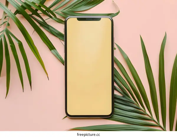 Palm Leaves and Smartphone Mockup on Pink Background