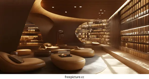 Modern Minimalist Interior Design With Wooden Shelving And Curved Walls