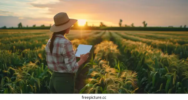 Female farmer using tablet computer in wheat field at sunset