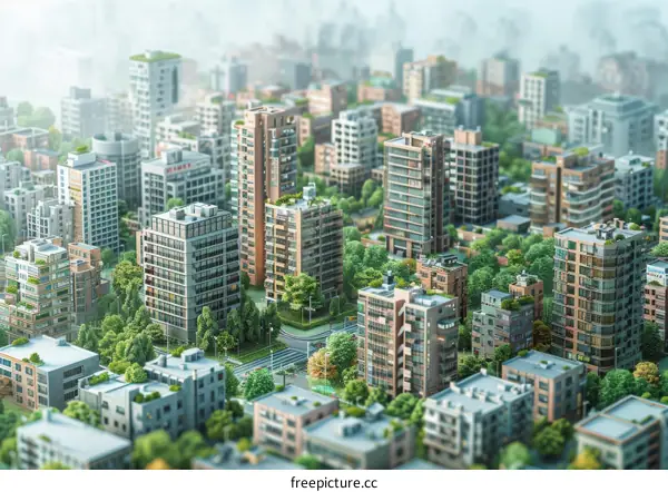 Miniature City Model with Intricate Buildings and Verdant Greenery