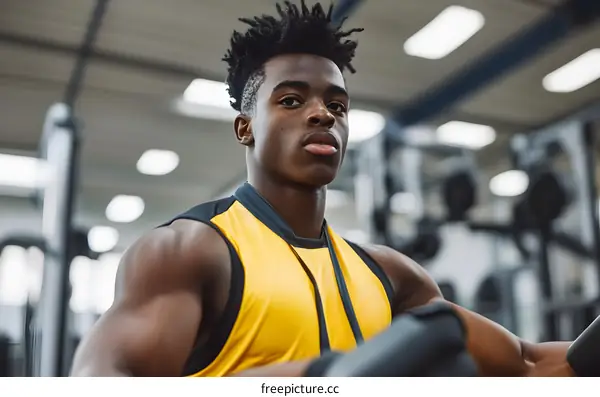 Muscular African American Man Working Out in Gym