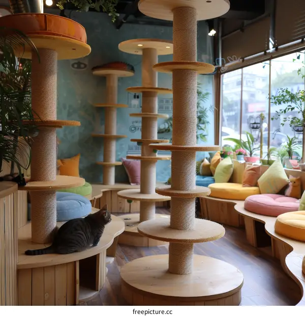 A Cat Sitting in a Cat Cafe with Colorful Interior