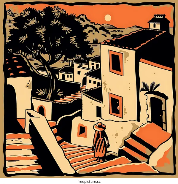 Woman Walking Up Stairs in a Colorful Town