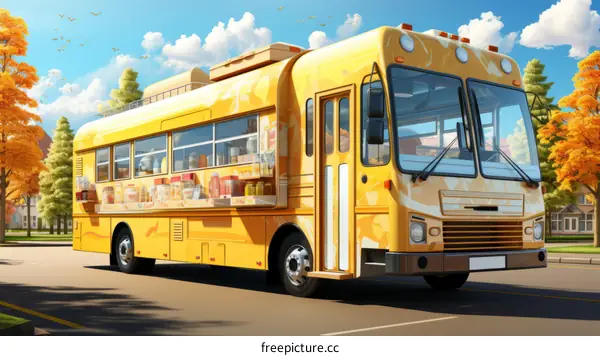 A yellow bus with a lot of food inside is on the road
