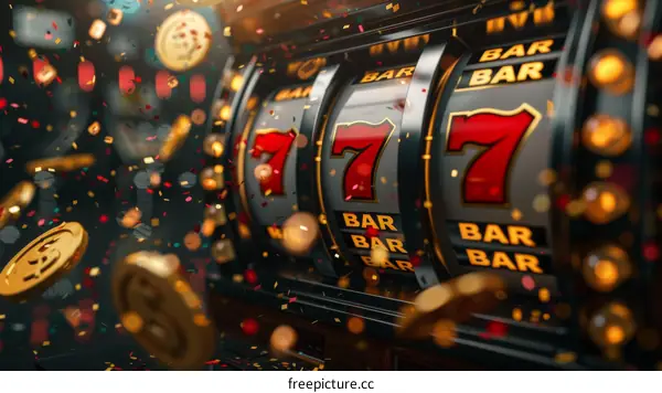 Slot machine with red sevens and golden coins